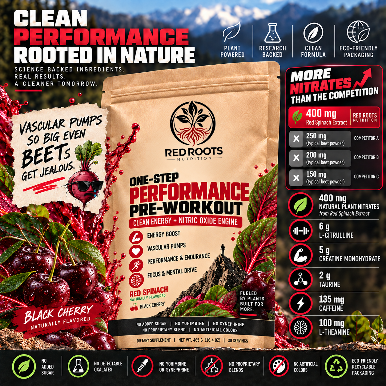 Red Roots One-Step Performance Pre-Workout pouch in Black Cherry flavor, surrounded by red spinach and cherries, with ingredient callouts